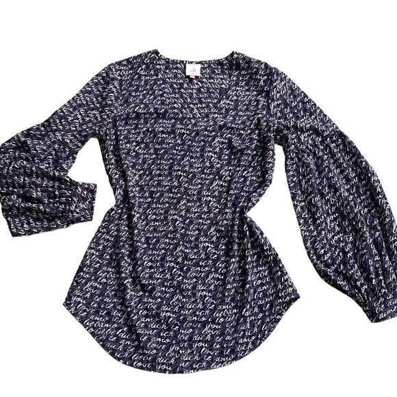 CAbi  S "Te Amo" Script Balloon Sleeve Blouse STYLE #5336 Navy White Purple 182G - Picture 1 of 10